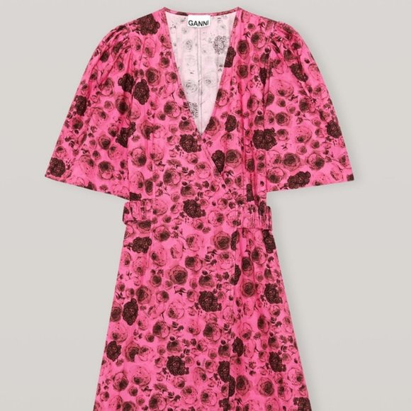 Ganni Floral Print Cotton Poplin Wrap Mini Dress Fits US sz 2-4, tag sz 38 (DE) - Picture 6 of 13